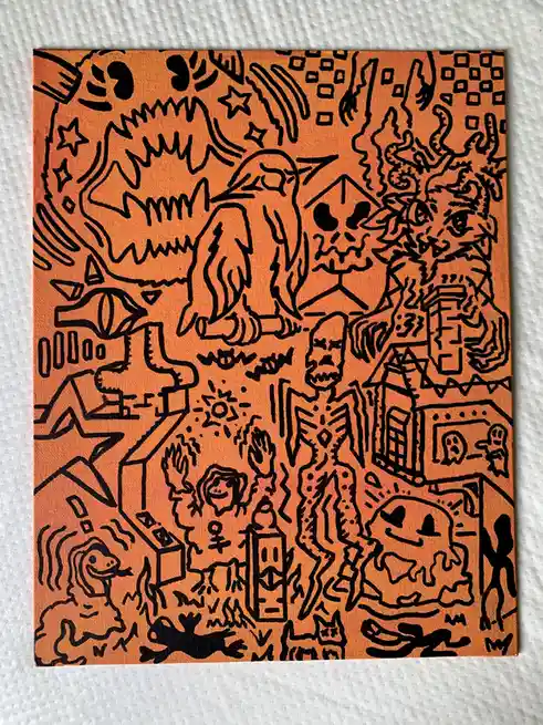 A dense, black-line drawing on orange canvas depicts a chaotic scene filled with various Halloween-themed figures including…