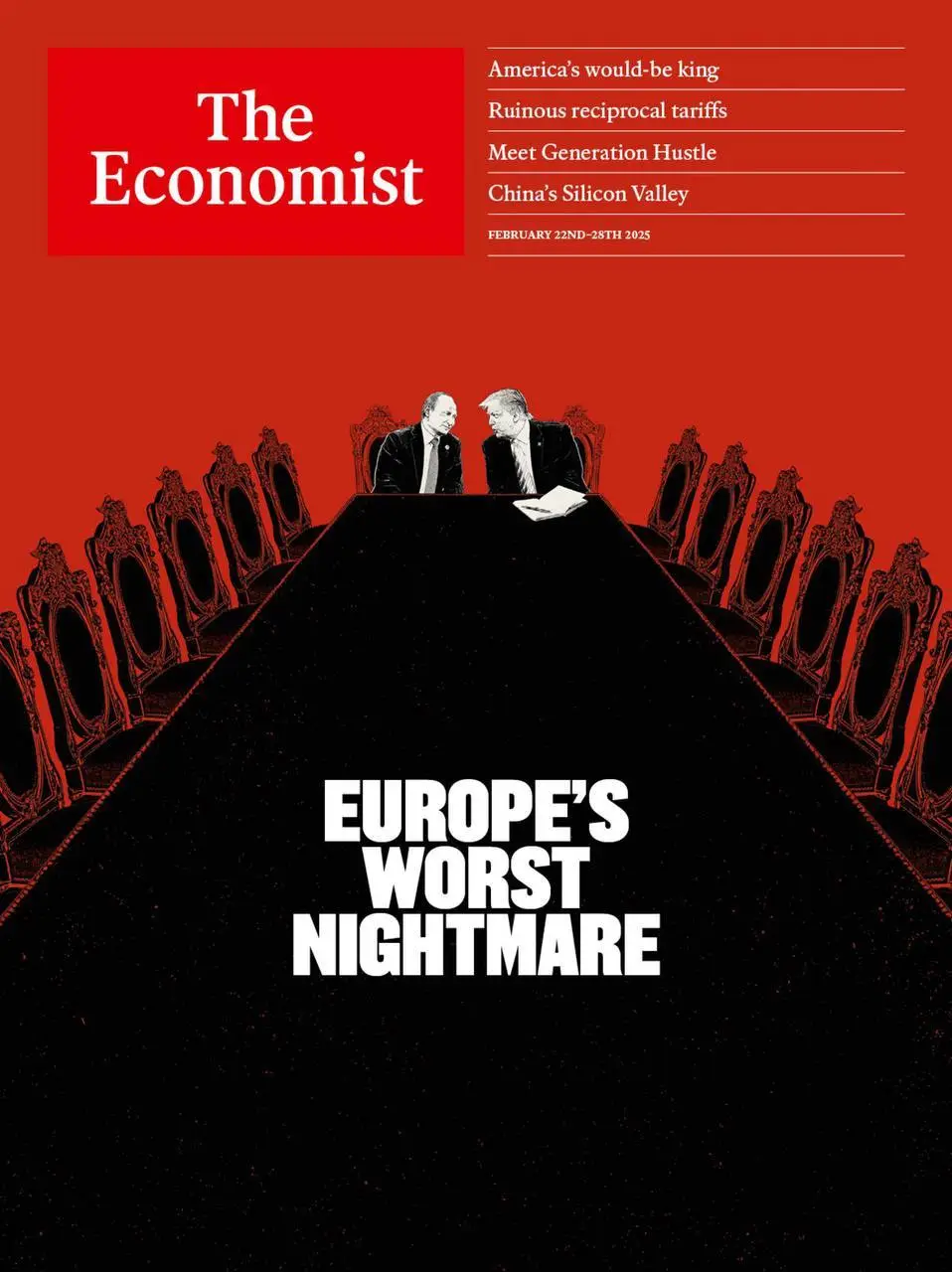 The image is a satirical magazine cover parodying The Economist, featuring two men in suits seated at a long black table…