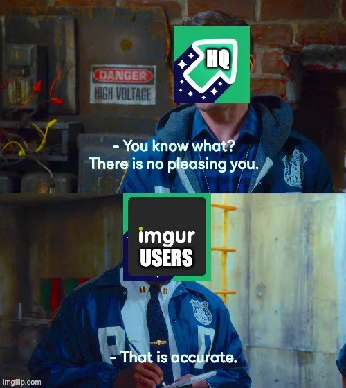 Two panels show a man in a blue uniform with his face obscured by logos. In the top panel, a green 'HQ' logo covers his…