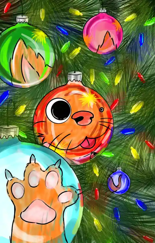 A cartoon illustration shows a Christmas tree decorated with colorful ornaments. One prominent orange ornament has a smiling…