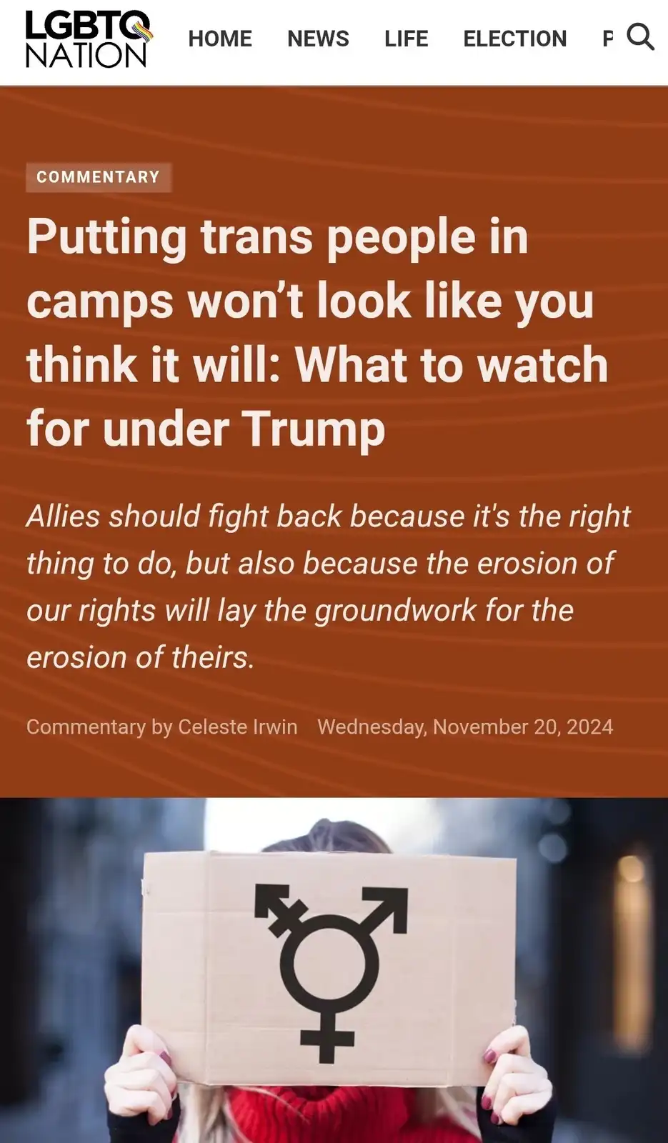 An article from LGBTQ Nation with the headline 'Putting trans people in camps won't look like you think it will: What to…