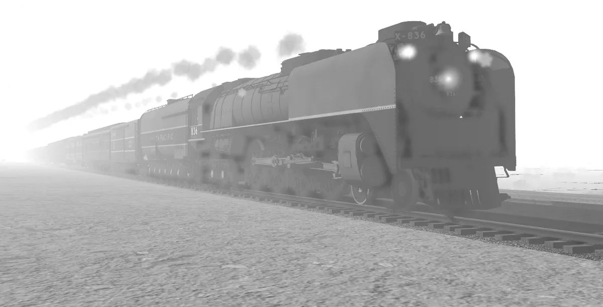 A grayscale image of a Union Pacific steam locomotive, number X-836, pulling a long train on tracks through a hazy, bright…