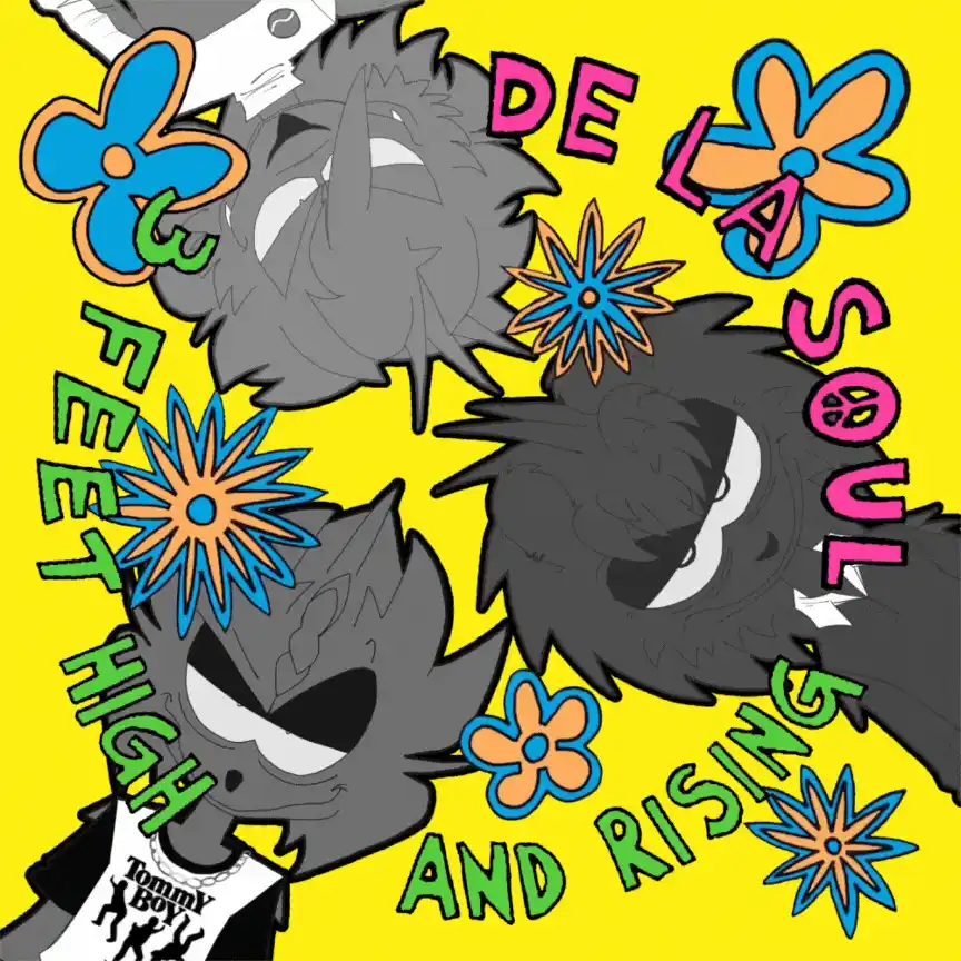 The image is a vibrant yellow background filled with repeating cartoonish depictions of a gray, spiky-haired character…