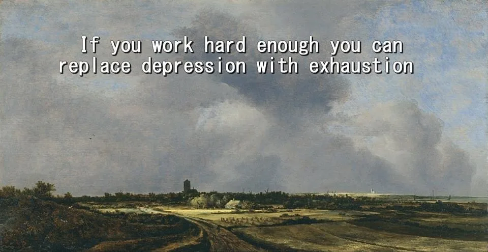 A classical landscape painting depicts a vast, flat field under a dramatic, cloudy sky with a winding dirt path leading…
