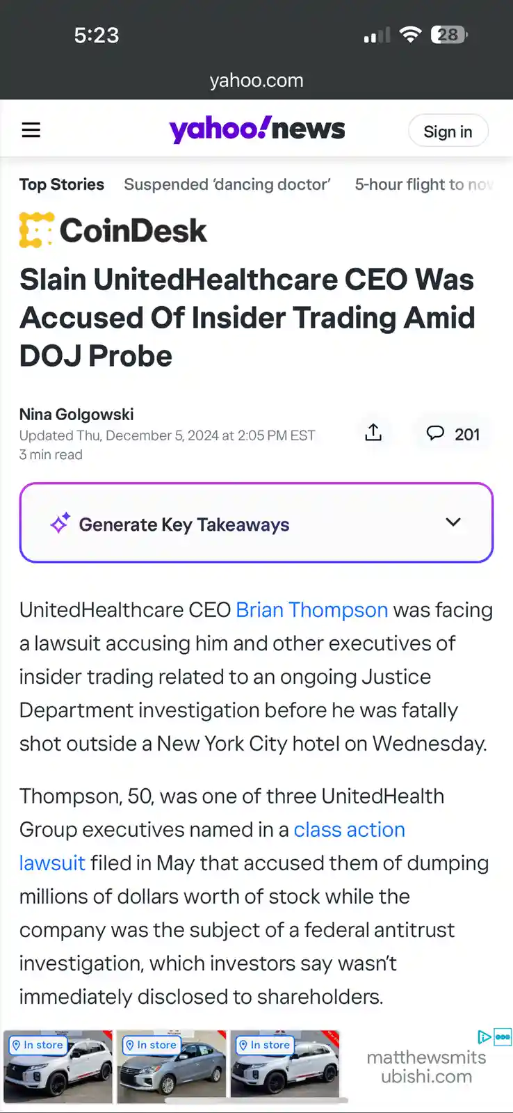 A screenshot of a Yahoo News article from CoinDesk about UnitedHealthcare CEO Brian Thompson being accused of insider…