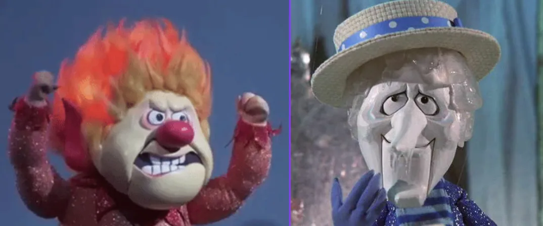 The image shows two side-by-side characters: on the left, a red-haired, angry clown puppet with a red nose and clenched…