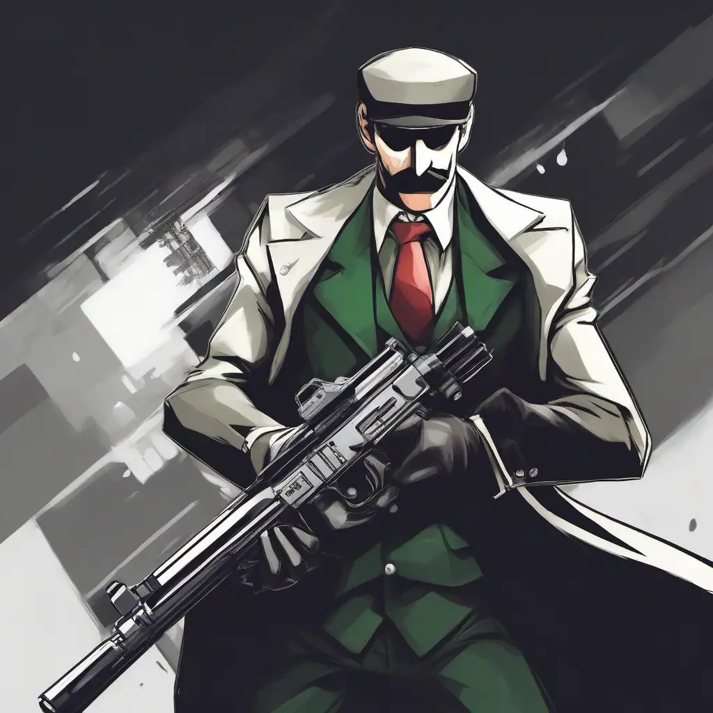 An anime-style illustration shows a man in a white trench coat, green vest, red tie, and white cap holding a large firearm…