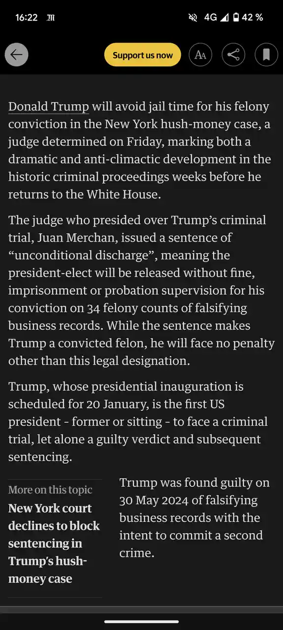 A screenshot of a news article on a mobile device shows text about Donald Trump receiving an 'unconditional discharge' for…