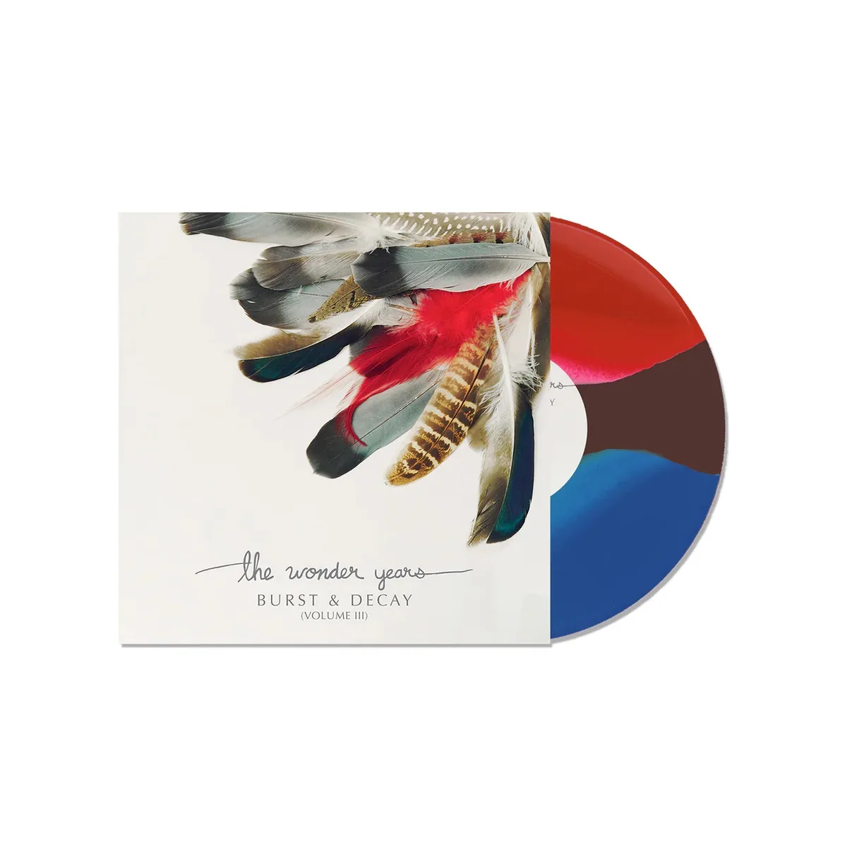 An album cover for 'The Wonder Years' titled 'Burst & Decay (Volume III)' featuring a cluster of colorful feathers against a…