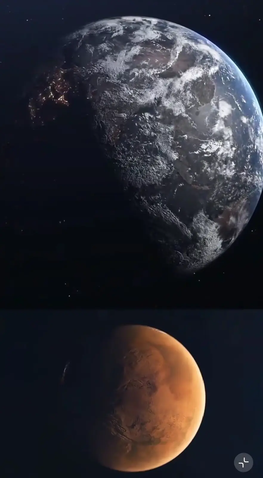 The image displays two split views of planets: the top half shows Earth with visible continents, clouds, and city lights at…