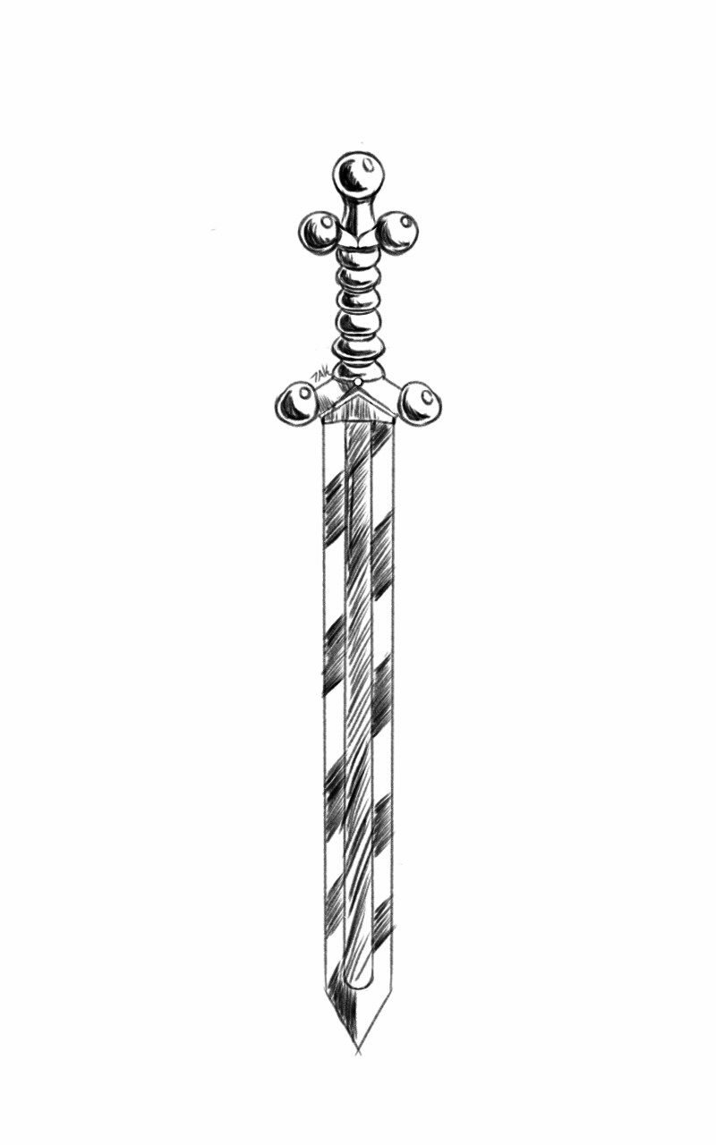 A black-and-white line drawing of a sword with a decorative crossguard and pommel, featuring a blade with diagonal hatching…