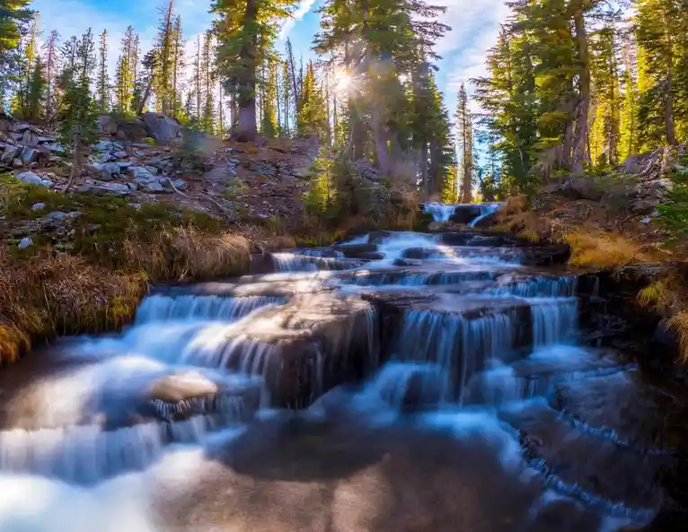 A serene, long-exposure photograph of a multi-tiered mountain stream cascading over dark rocks, surrounded by tall evergreen…