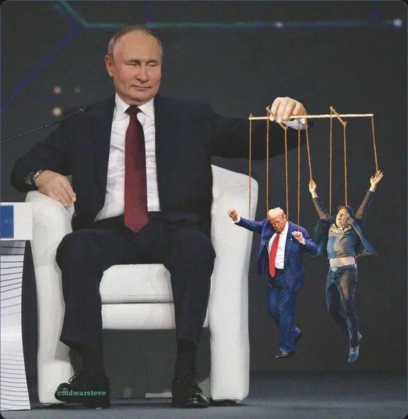 A digitally altered image shows Vladimir Putin seated in a white chair, holding strings that control two puppets: Donald…