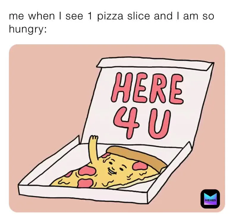 A cartoon pizza slice with a smiling face and waving hand sits in an open pizza box. The box lid has the text 'HERE 4 U'…