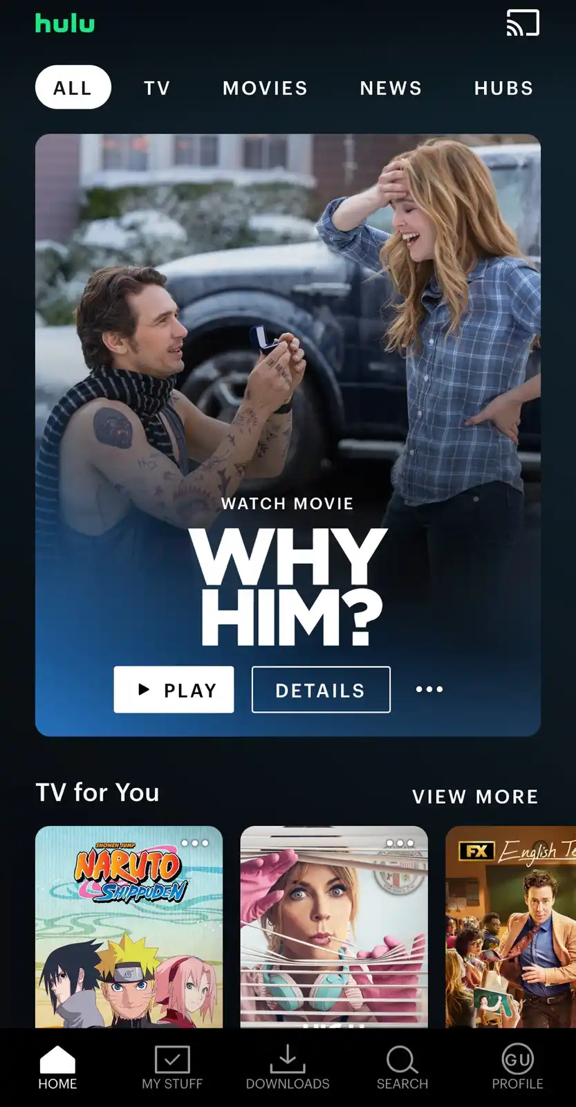 A screenshot of the Hulu app shows a movie poster for 'Why Him?' featuring a man with tattoos proposing to a woman who is…
