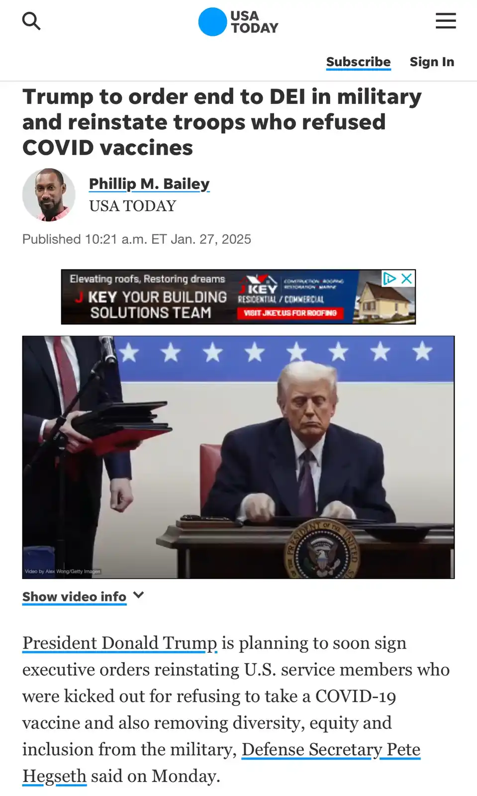 A screenshot of a USA TODAY news article from January 27, 2025, featuring a photo of Donald Trump sitting at a presidential…