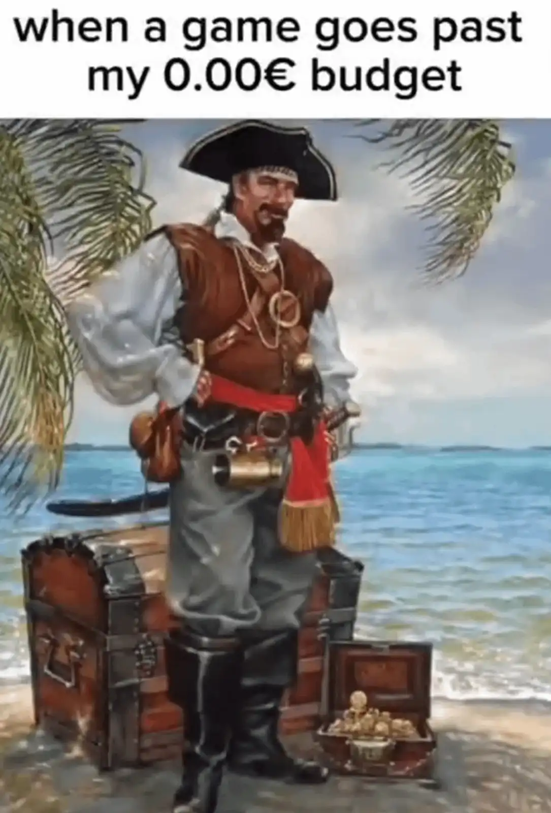 A painted image of a smiling pirate in a tricorn hat and vest, standing on a beach next to two treasure chests, one closed…