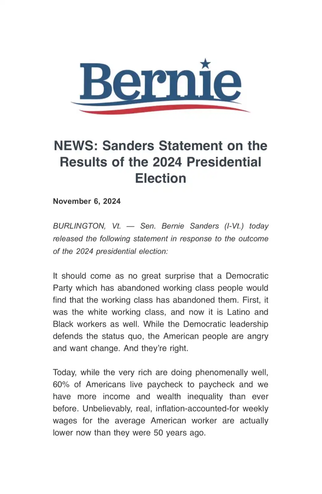 A mock news release with the 'Bernie' campaign logo at the top, dated November 6, 2024, titled 'NEWS: Sanders Statement on…