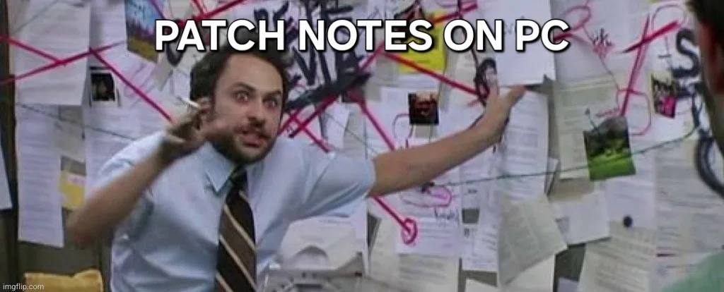 A man in a light blue shirt and striped tie stands in front of a cluttered bulletin board covered in papers, photos, and red…