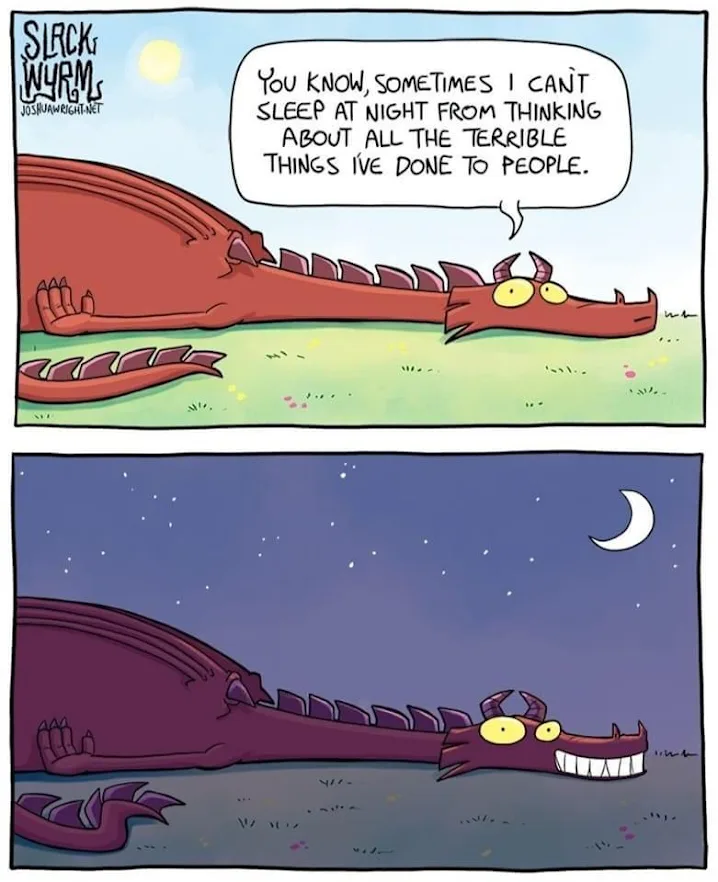 A two-panel comic strip from 'Slack Wyrm' by Josh Wright. In the top panel, a red dragon lies on grass under a sun, speaking…