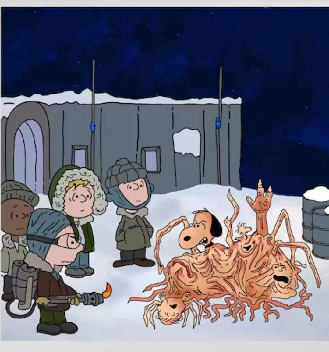 A cartoon scene depicts four children in winter gear standing in a snowy, nighttime setting outside a blocky building. One…