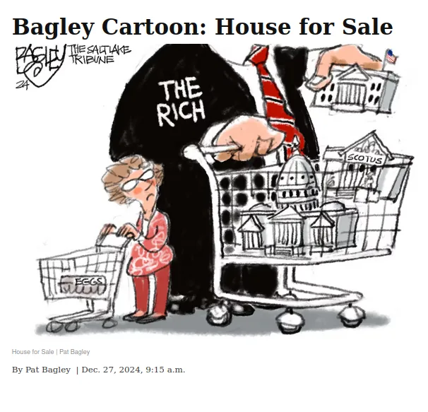 A cartoon depicts a giant figure labeled 'THE RICH' pushing a shopping cart overflowing with miniature government buildings…