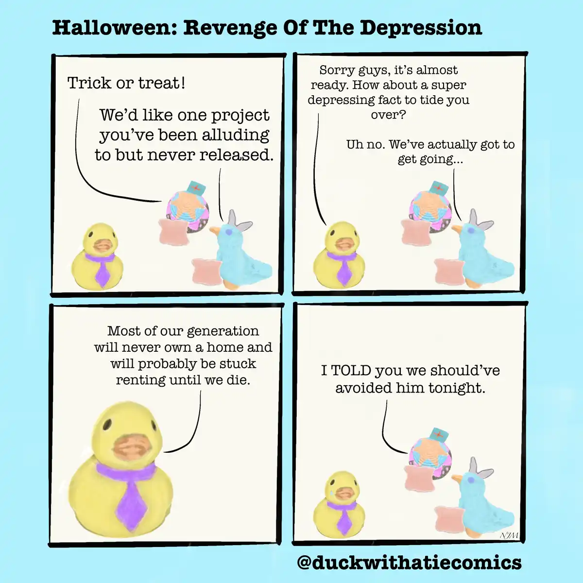 A four-panel comic strip featuring rubber duck and bird characters dressed as trick-or-treaters. The duck asks for a…