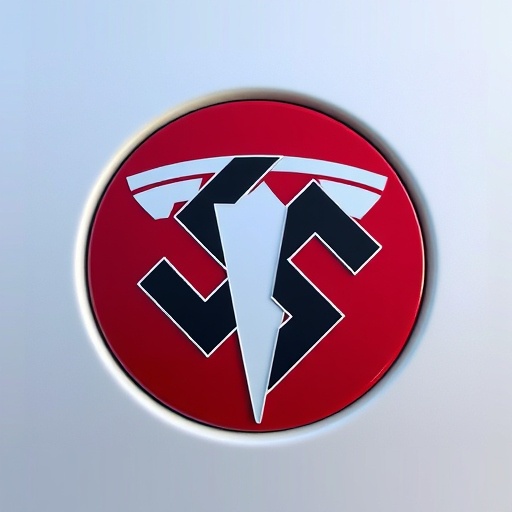 The image displays a red circular emblem with a black swastika and a white lightning bolt superimposed over it, resembling…