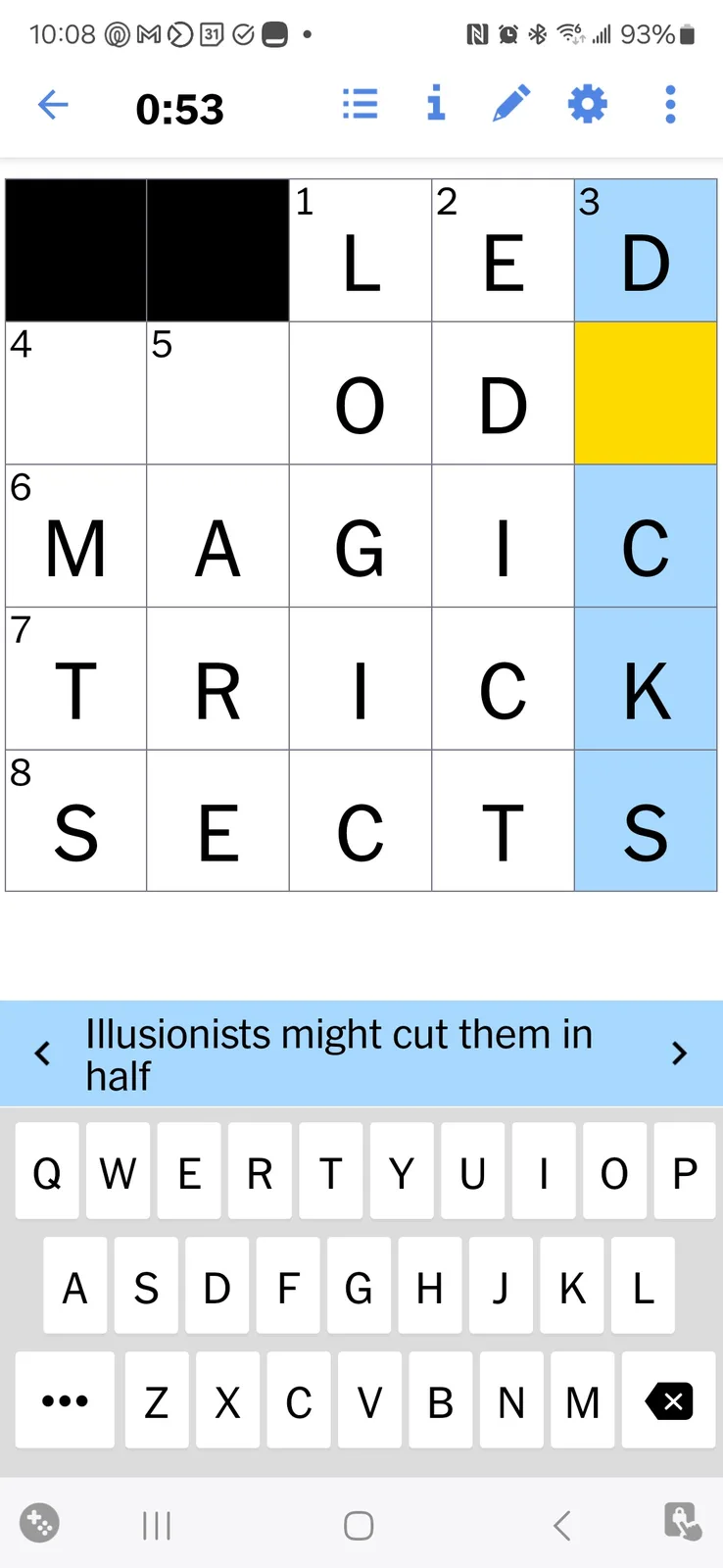 A screenshot of a word puzzle game interface showing a grid of letters spelling 'LED', 'OOD', 'MAGIC', 'TRICK', and 'SECTS'…