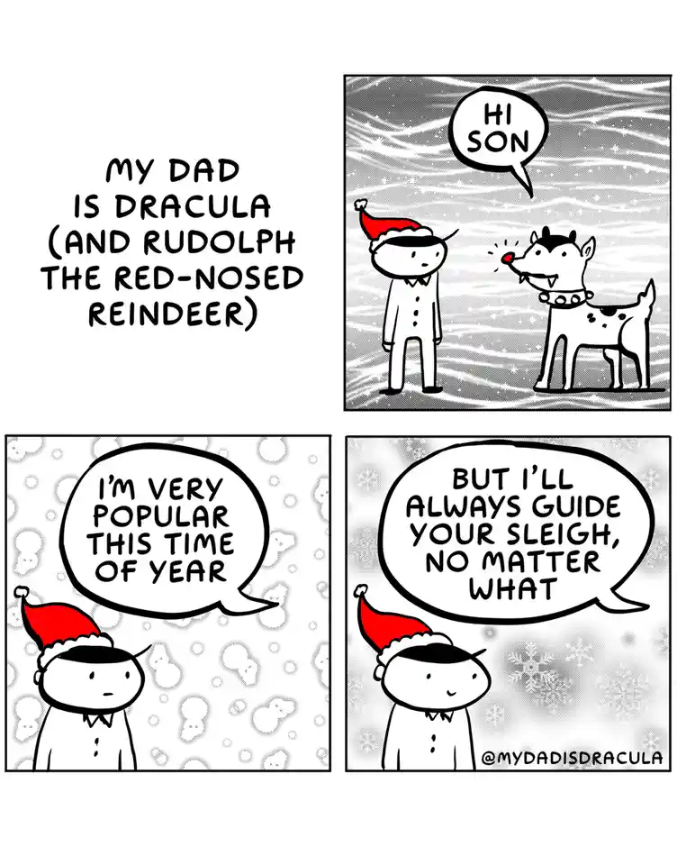 A four-panel comic strip shows a character in a Santa hat speaking to a reindeer with a red nose. The reindeer says 'HI…