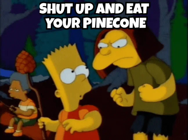 In a nighttime forest scene from The Simpsons, Bart Simpson stands facing a furious, hooded Native American man who is…