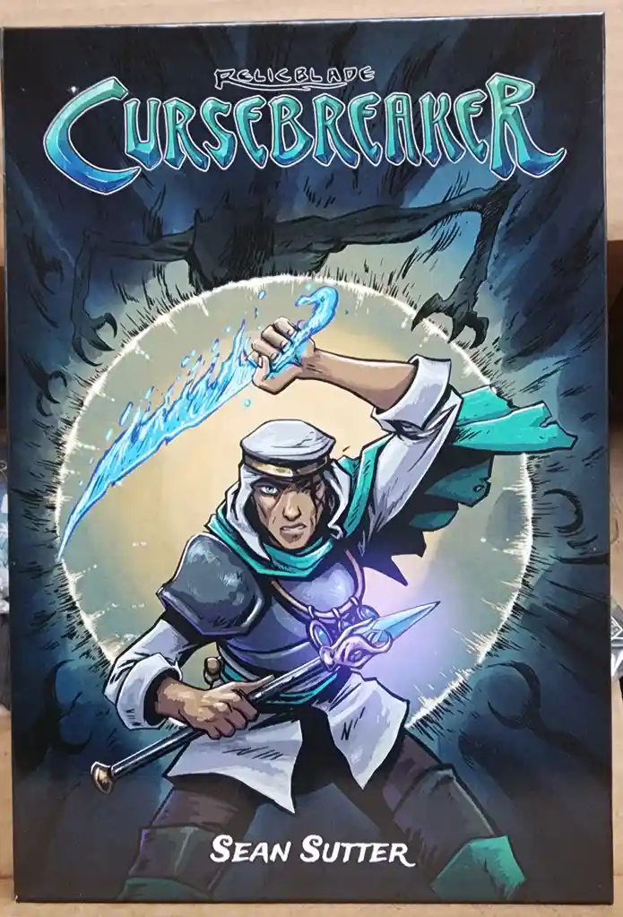 The image shows the cover of a book titled 'Cursebreaker' by Sean Sutter, featuring a fantasy illustration of a warrior in…
