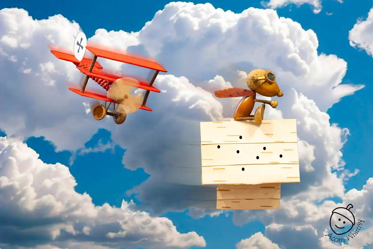 A whimsical wooden toy airplane with a propeller and a cross symbol on its tail flies toward a wooden birdhouse. Perched…