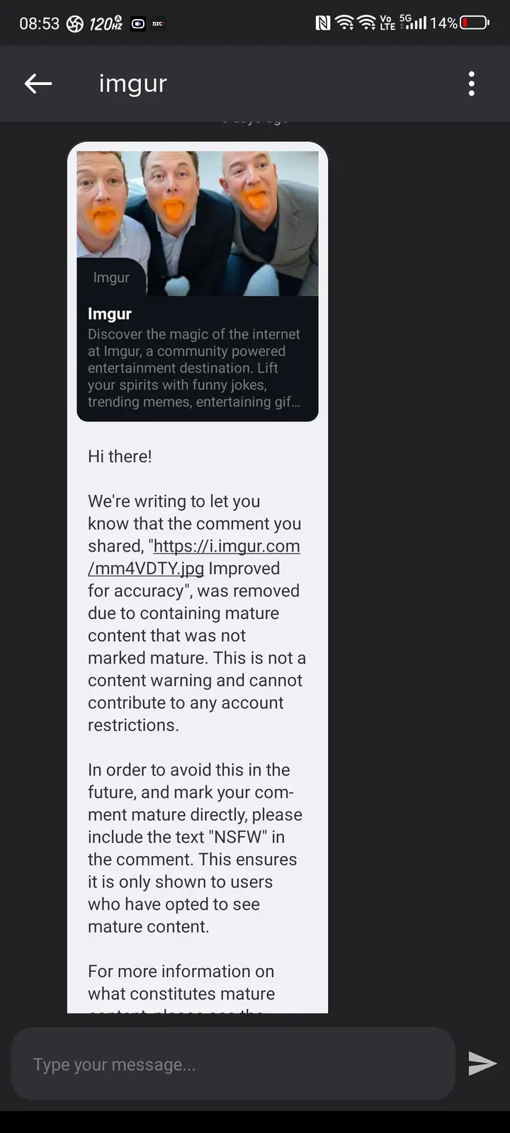 An Imgur notification email is displayed on a phone screen, informing the user that a comment containing a photo of three…
