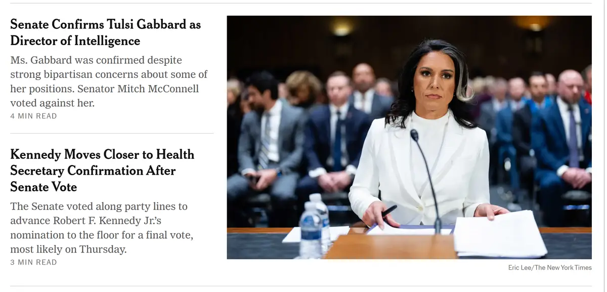 A screenshot of a news article shows Tulsi Gabbard at a Senate hearing, wearing a white suit and looking serious. The…