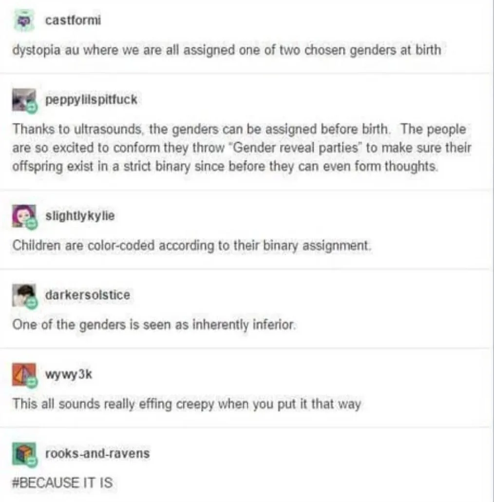 A screenshot of a Reddit thread where users discuss a dystopian alternate universe with rigid binary gender assignment at…