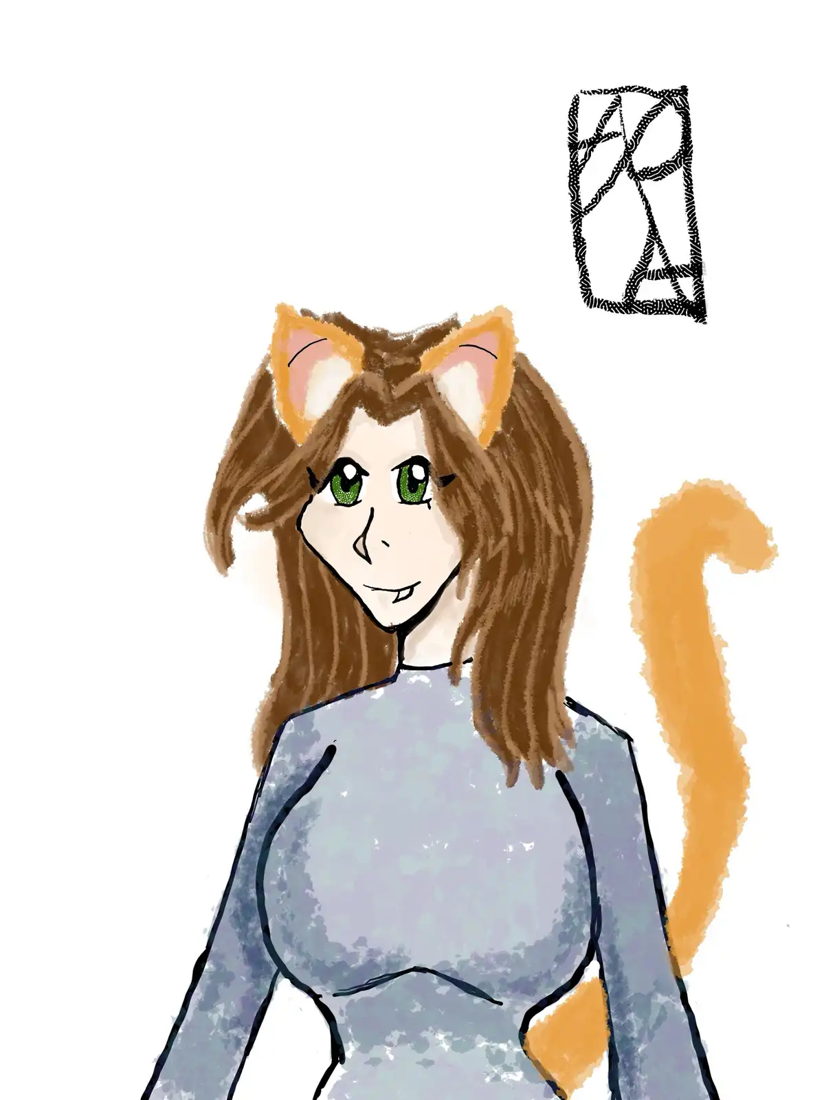 A cartoon drawing of a girl with brown hair, green eyes, cat ears, and a cat tail, wearing a grey shirt. Above her head is a…