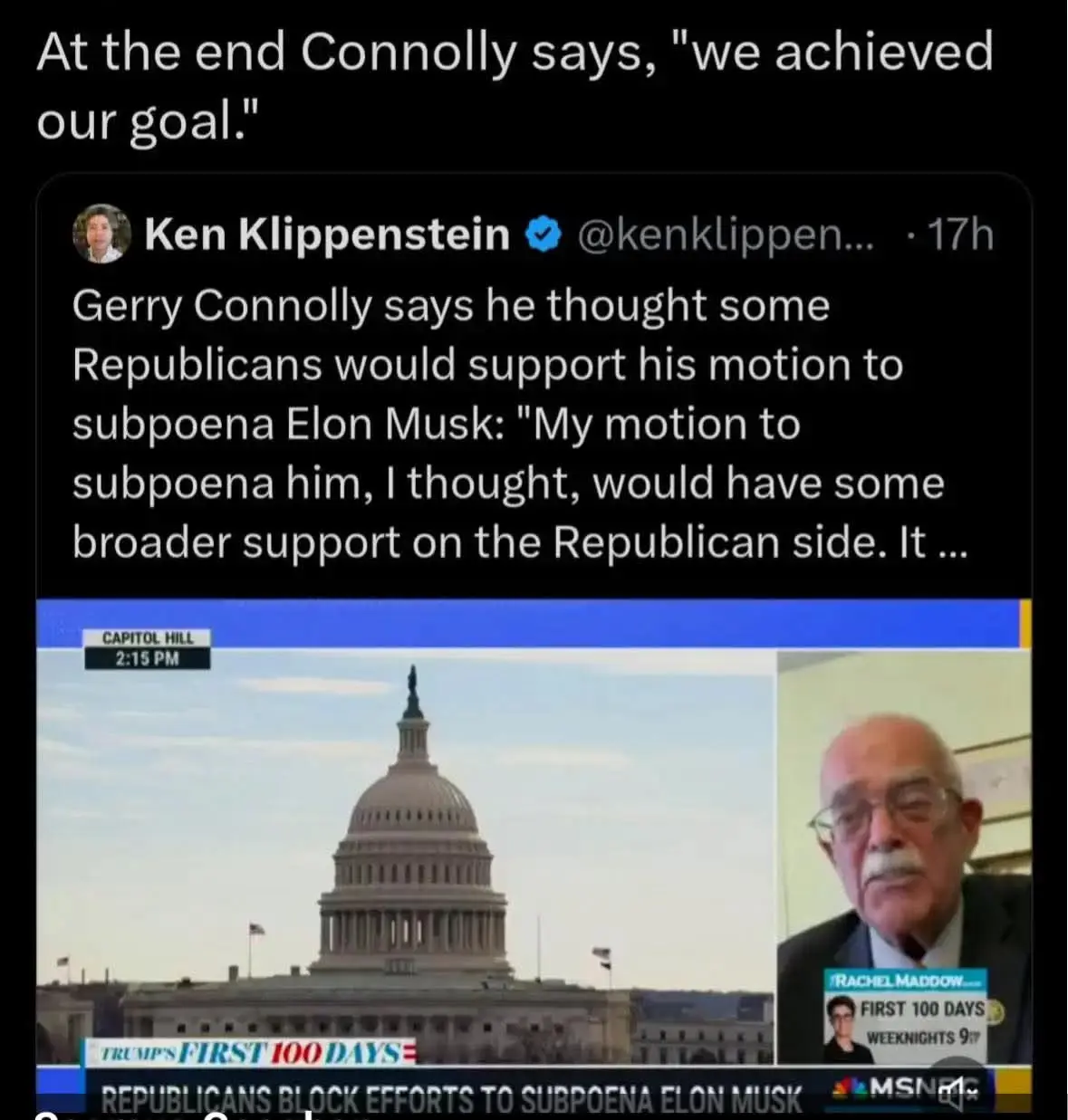 A screenshot of a tweet by Ken Klippenstein showing a news segment from MSNBC with Gerry Connolly on a video call. The…