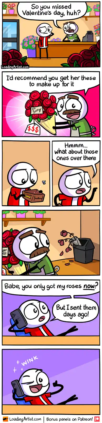 A comic strip shows a man at a flower shop apologizing for missing Valentine's Day. The shopkeeper recommends expensive…