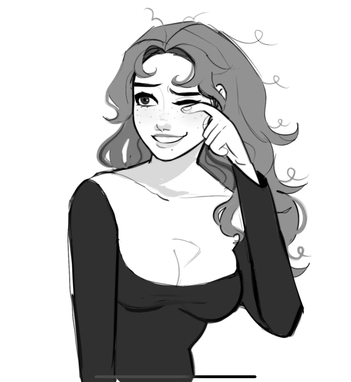 A grayscale sketch of a woman with wavy hair, freckles, and a smug smile, winking while covering one eye with her finger…