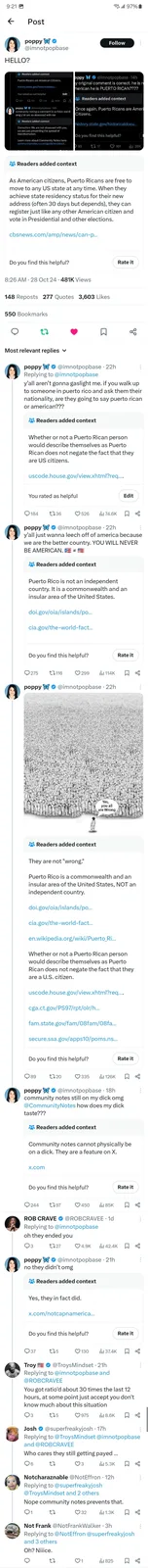 A screenshot of a Twitter/X thread by user @imnotpopbase, showing a series of replies and community notes about Puerto Rican…