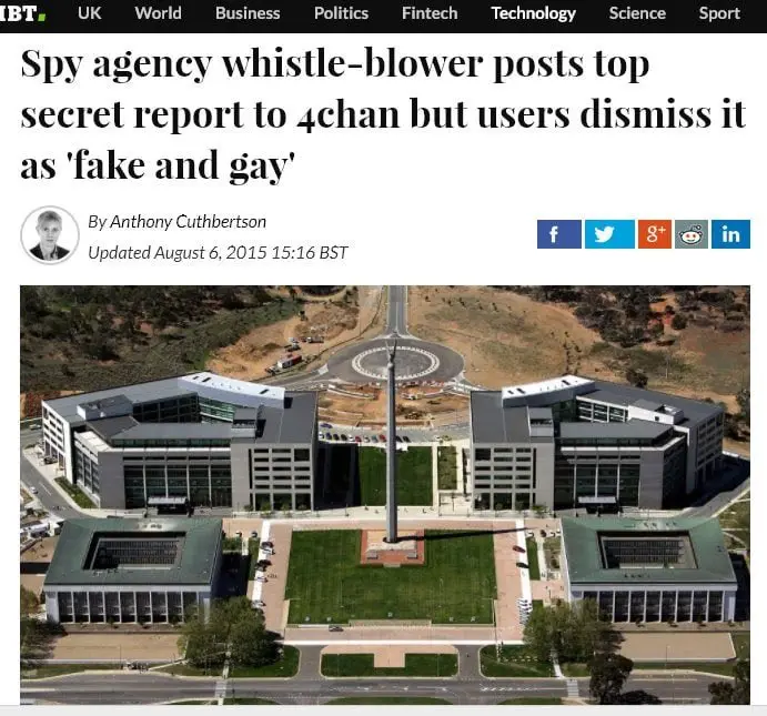 An aerial photo of a modern government building complex, likely a spy agency, is overlaid with a news headline from the IBT…
