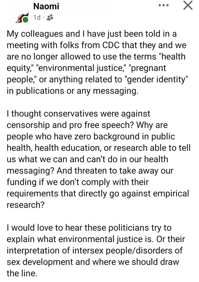 A screenshot of a Facebook post by a user named Naomi, expressing frustration that CDC officials told her and her colleagues…