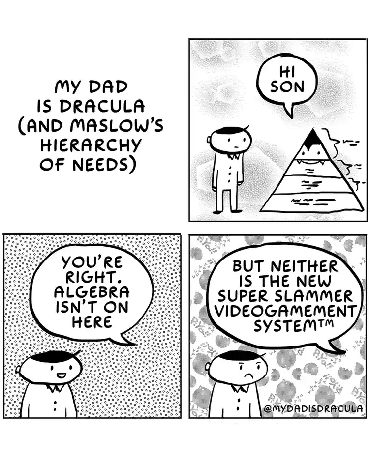 A four-panel comic strip where a son confronts his dad, who is depicted as Dracula standing atop a pyramid resembling…