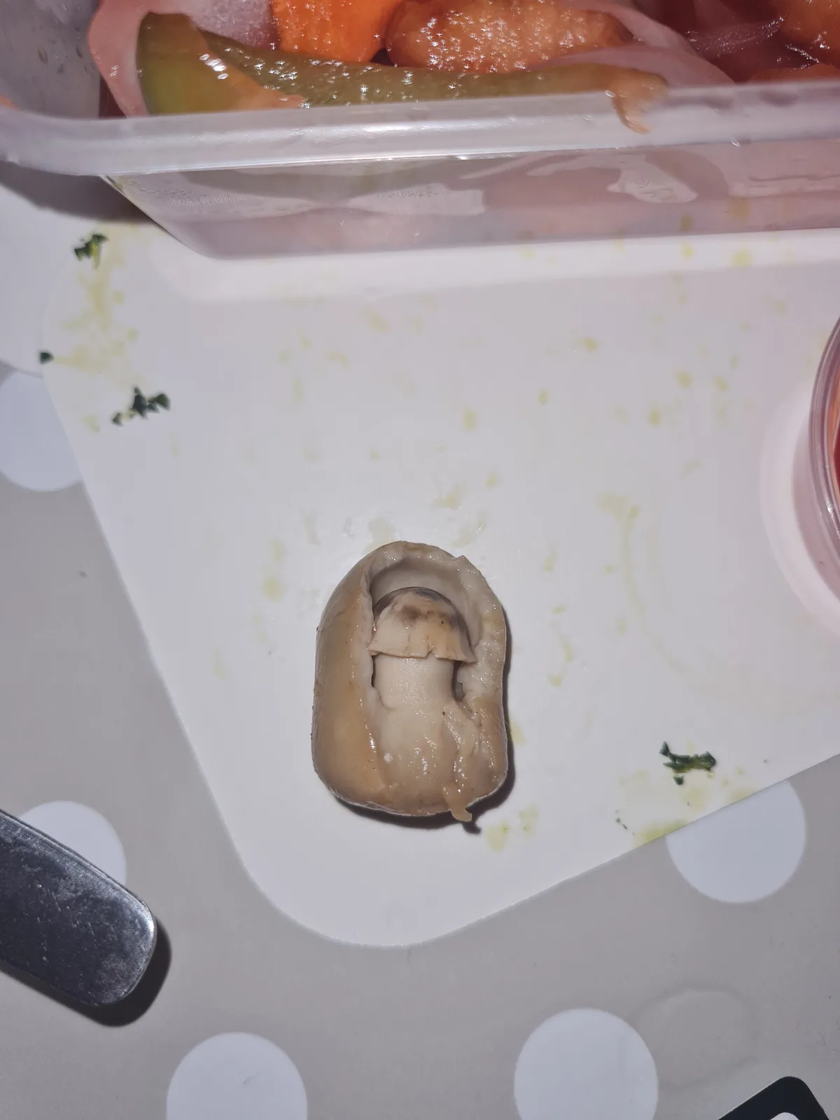 A close-up photo shows a single cooked mushroom cap, sliced open to reveal its gills, sitting alone on a white plate with…