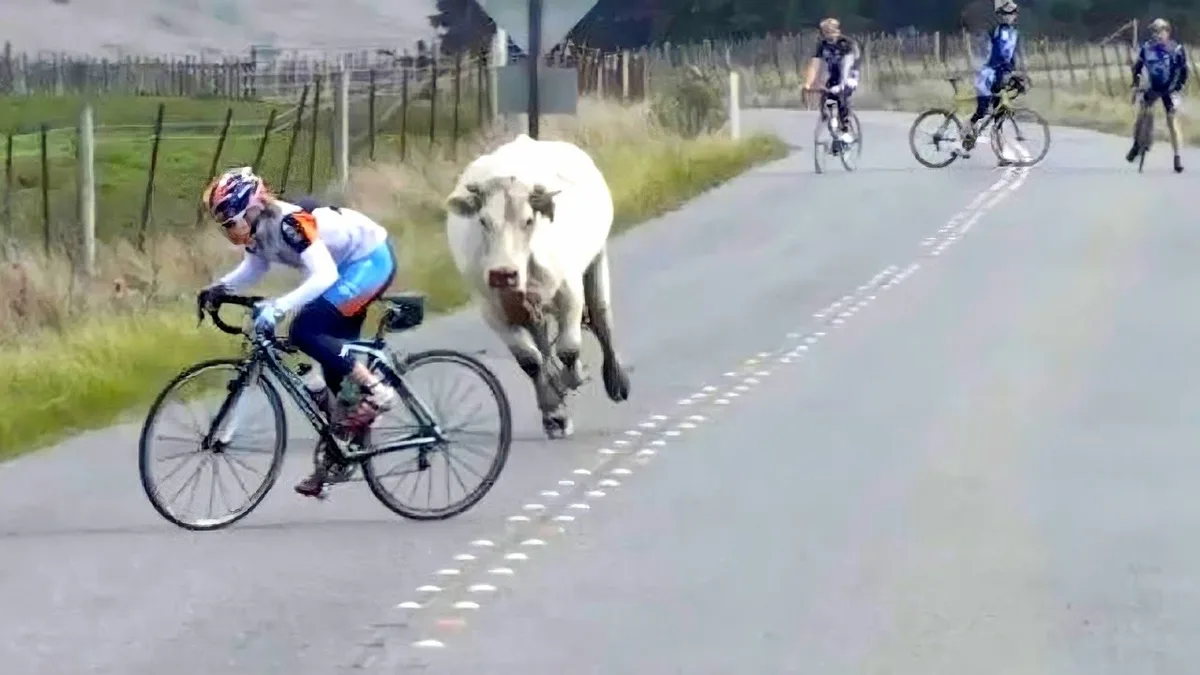 A cyclist in racing gear is startled as a large white cow runs directly toward them on a paved road, with other cyclists…