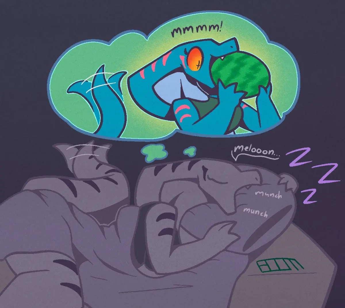 A cartoon crocodile sleeps soundly on a couch, dreaming of happily eating a watermelon, as indicated by the thought bubble…