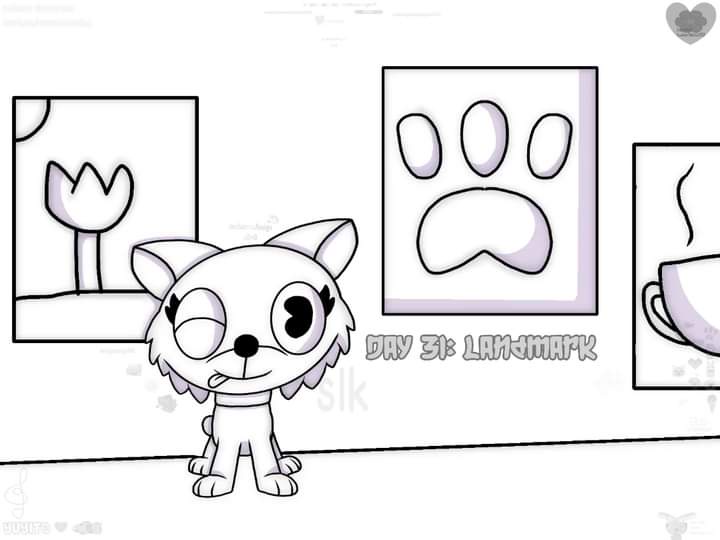 A black-and-white cartoon cat with one eye closed and a smug expression stands in front of a wall with three framed…