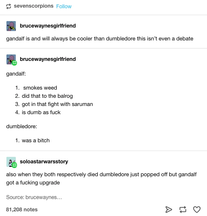 A screenshot of a Tumblr post showing a user's argument that Gandalf is cooler than Dumbledore, listing four reasons for…