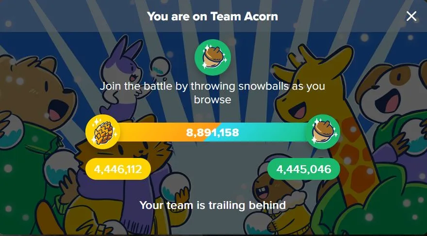 A screenshot from a game interface showing a snowball battle between two teams, 'Team Acorn' and another team, with scores…